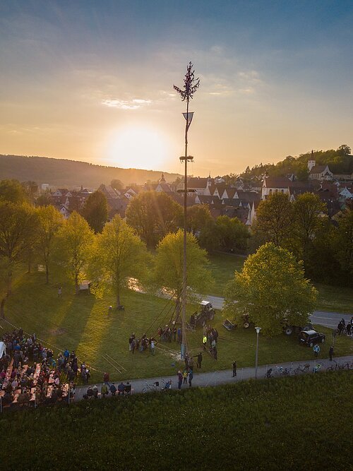 Maibaumaufstellen Greding Auf dem Bild sieht man das Aufstellen des Maibaums in Greding. Im Hintergrund sieht einen Sonnenuntergang.
